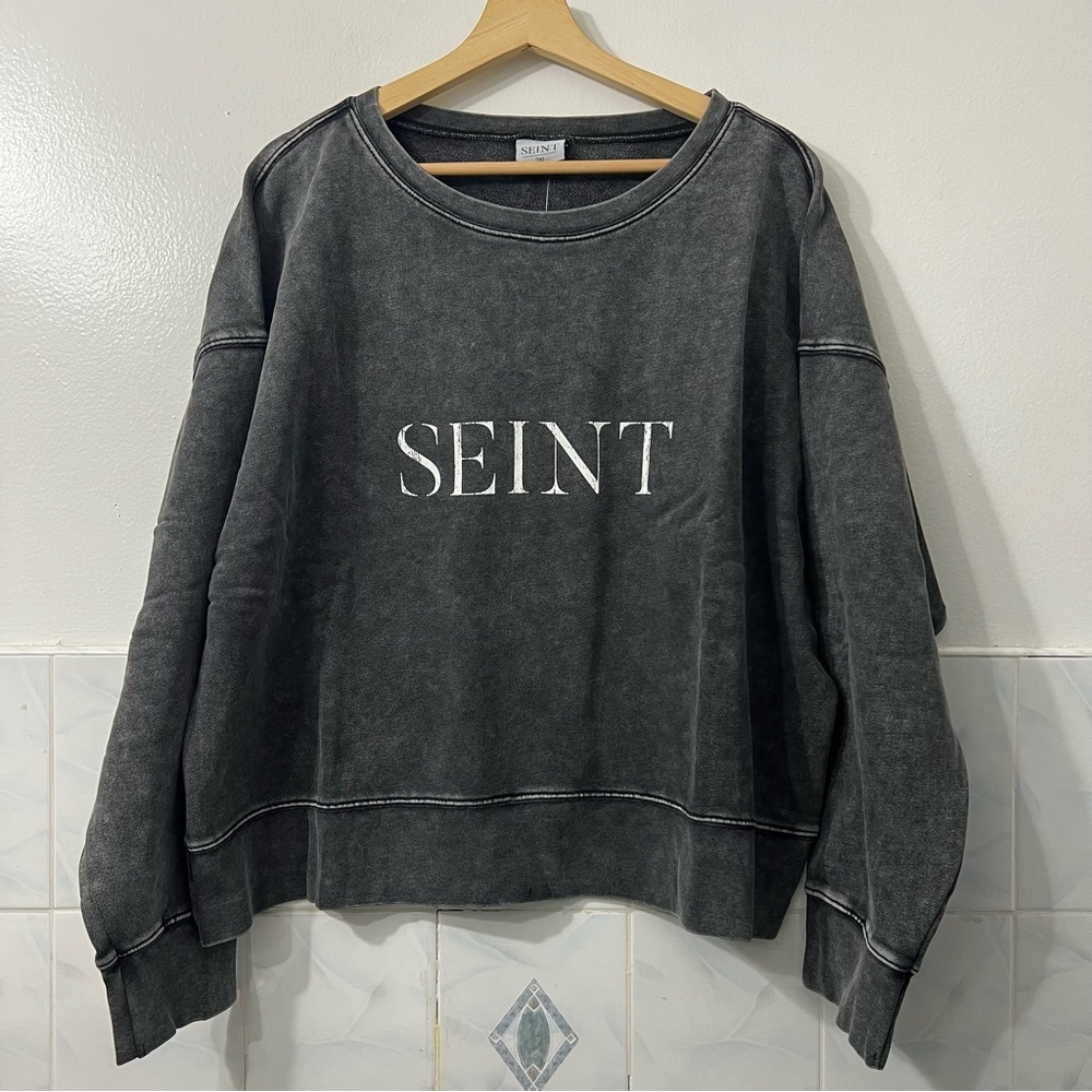 Seint Acid Wash Gray Fleece Crewneck Sweatshirt Pullover M Grunge Punk Casual - Picture 2 of 10